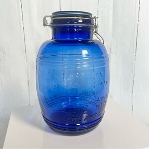 Vintage Uncle Ezra's Cracker Barrel style 4-quart cobalt blue glass cookie jar